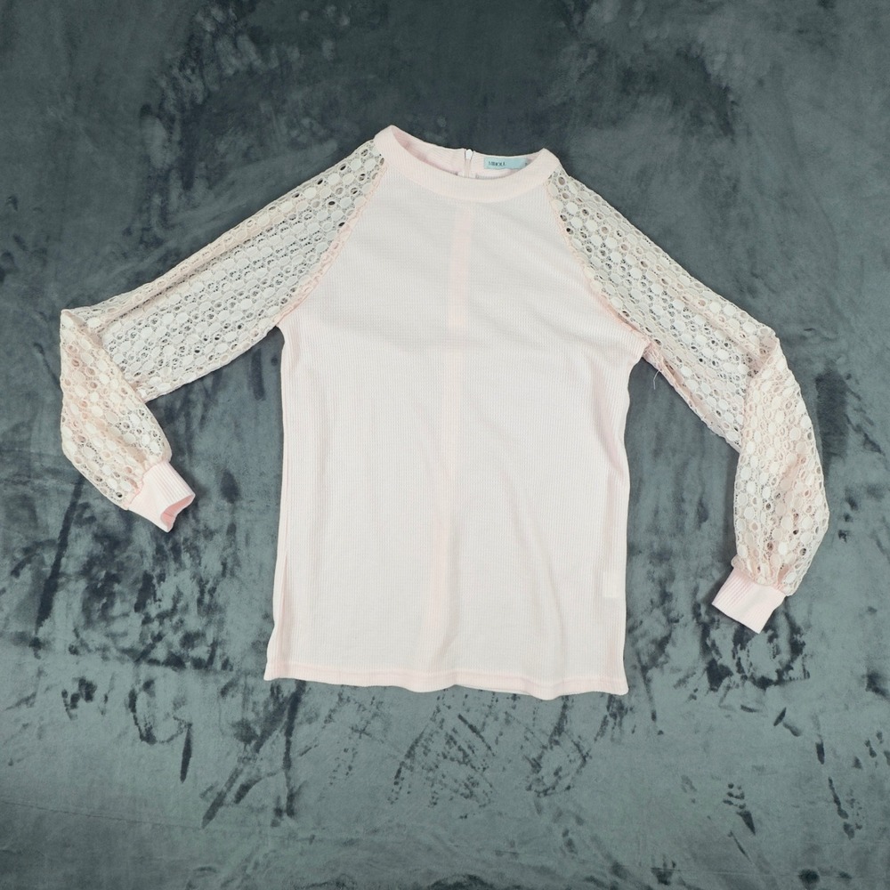 Miholl Lace Raglan Sleeve Top Womens Small Pink Waffle Knit Mock Neck 4615